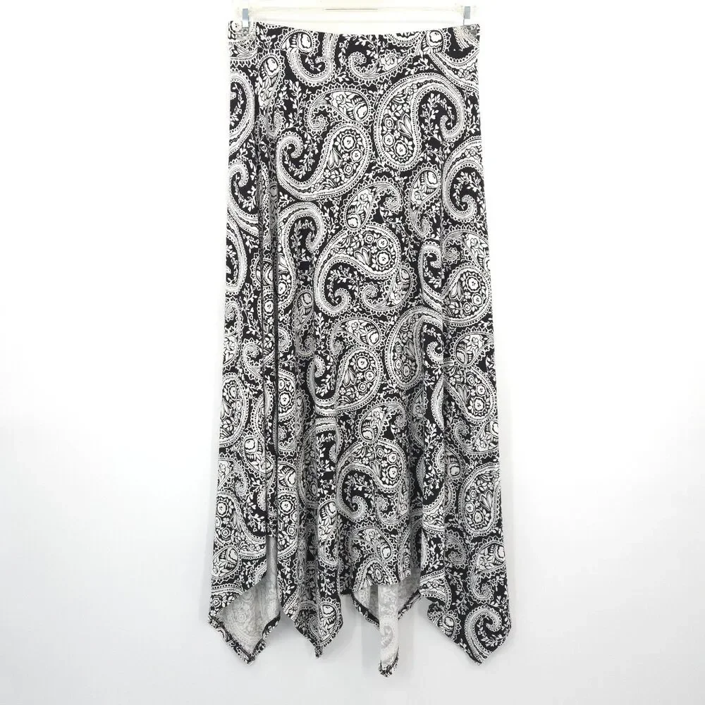 Chico's stretch knit midi skirt Size 0 (S) paisley black/white shark hem pull-on
